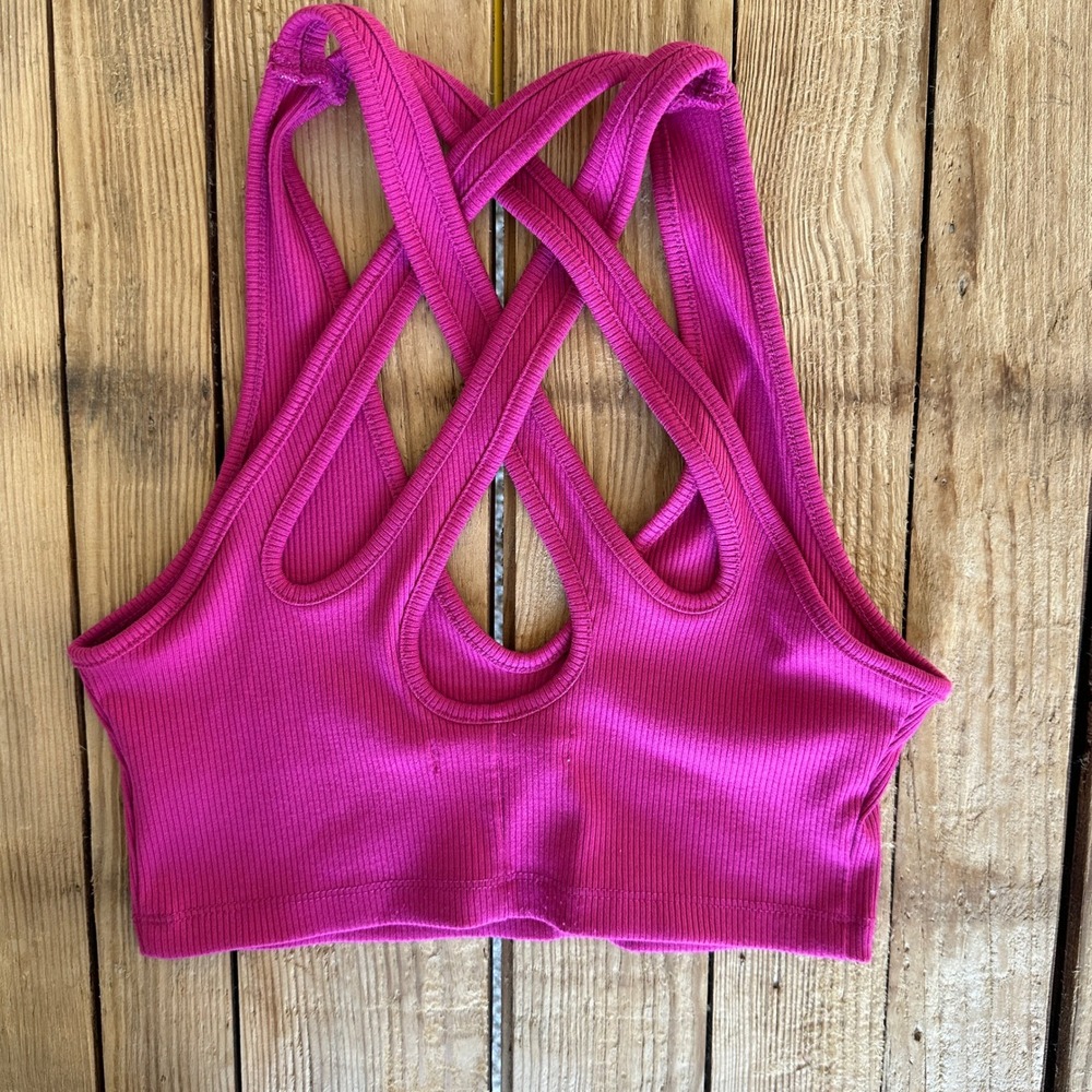 Urban Outfitters Magenta Pink Ribbed Crisscross Back V-Neck Crop Top Small - Picture 4 of 4